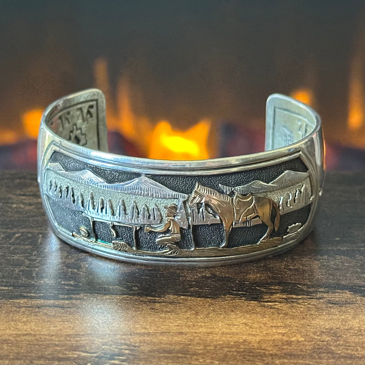 Navajo Delbert Saunders Gold Over Sterling Hand Stamped Horse Storyteller Cuff
