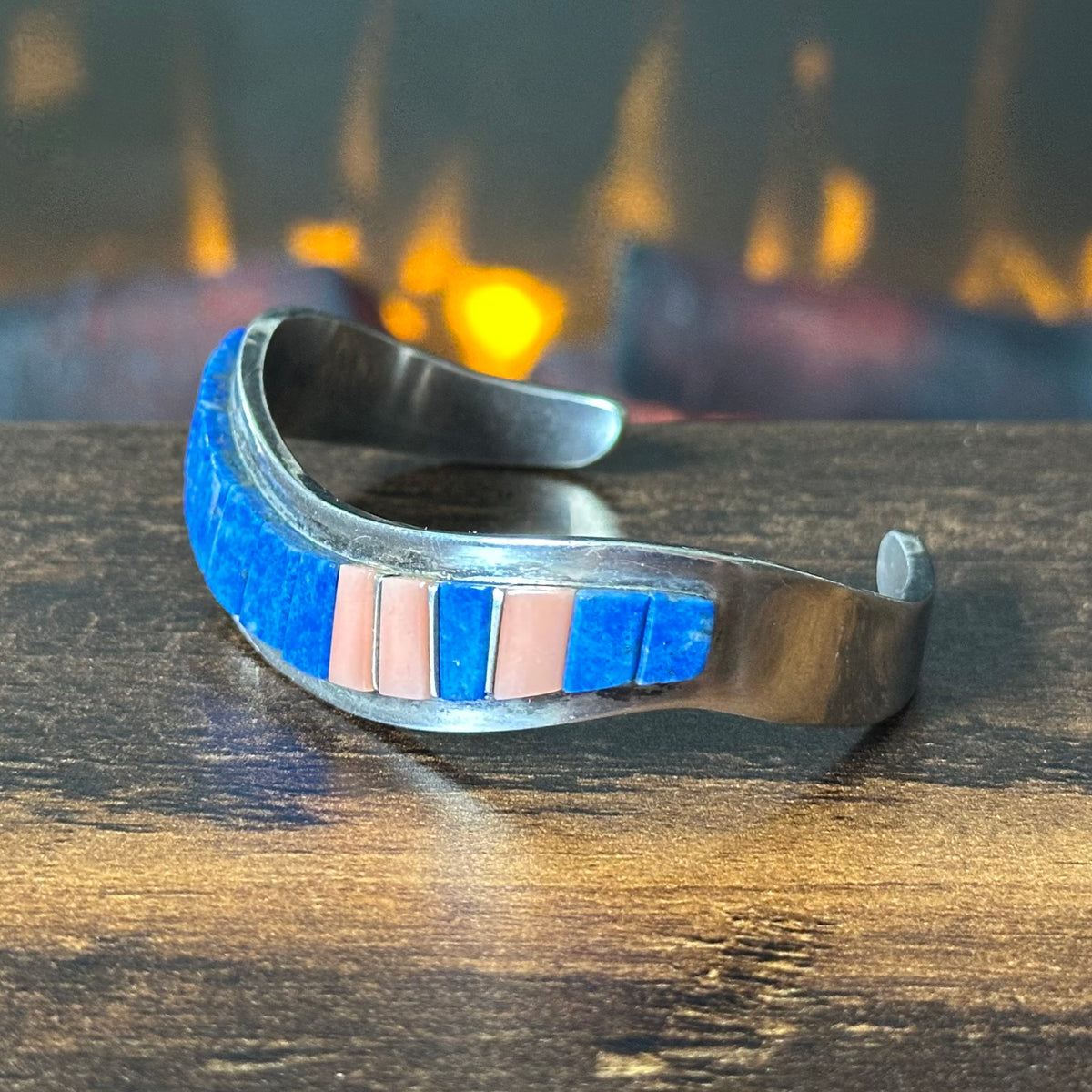 Navajo Raymond Delgarito Lapis Pink Conch Sterling Inlay Cuff