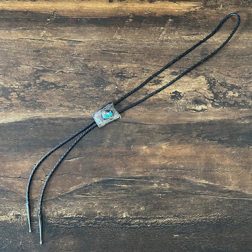 Spencer Signed Turquoise Sterling Hand Stamped Vintage Bolo Tie