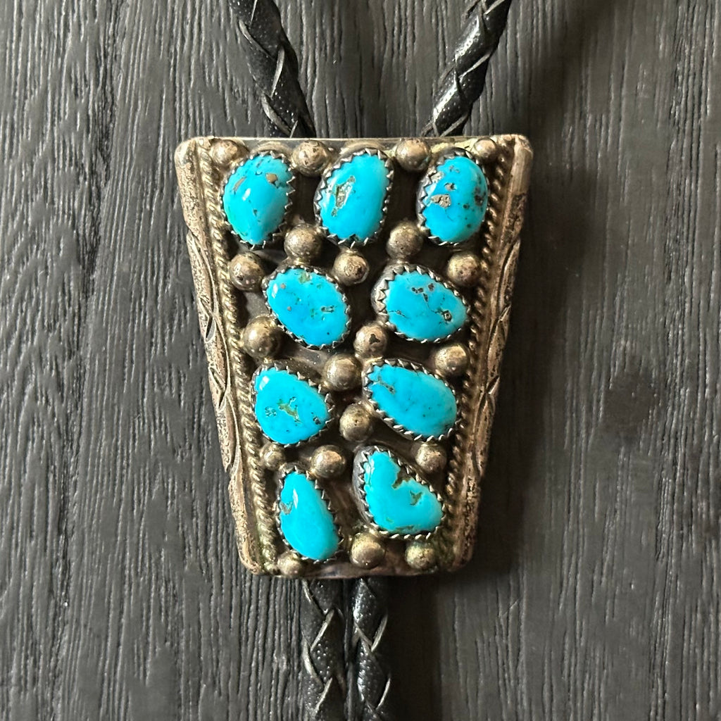 Navajo Dorothy Secatero Turquoise Sterling 9 Stone Cluster Hand Stamped Bolo Tie