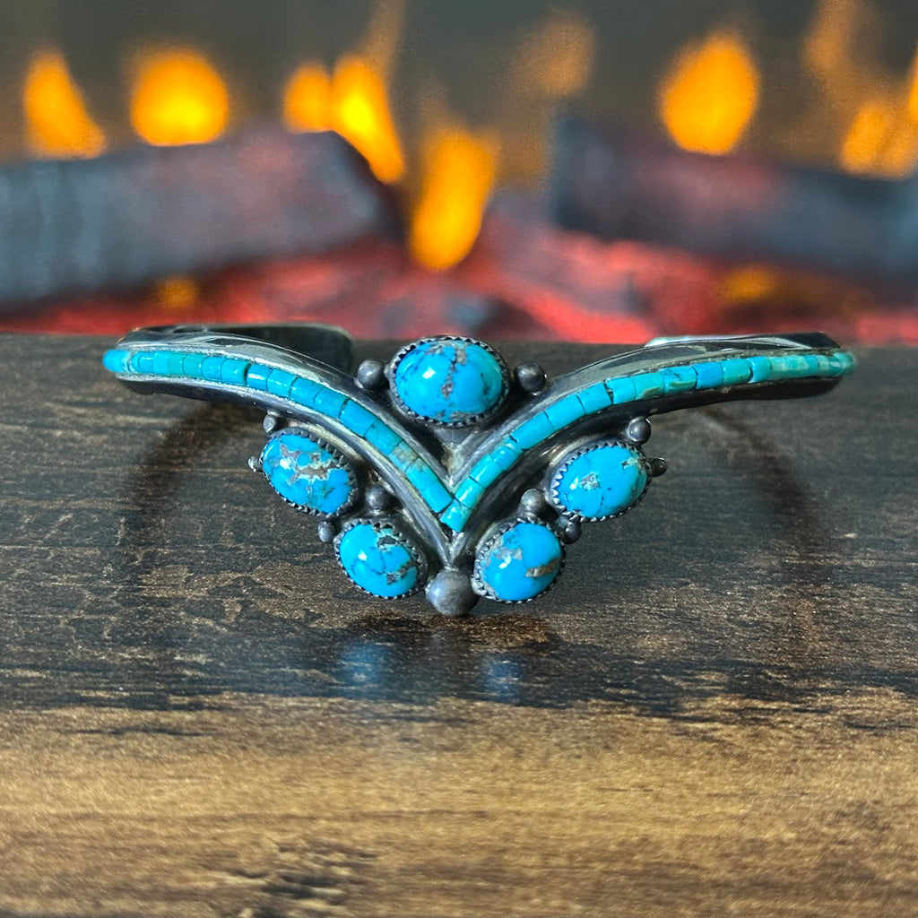 Navajo Les Baker Turquoise Sterling Wraparound Raindrop Inlay Cuff