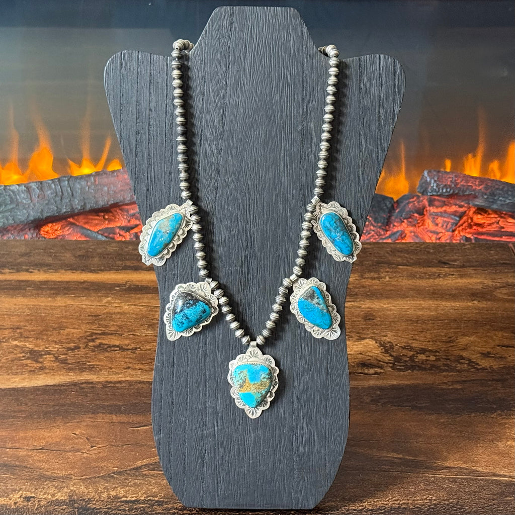 Pueblo Jacob Troncosa Turquoise 5 Stone Sterling Hand Stamped Pendant Station Necklace