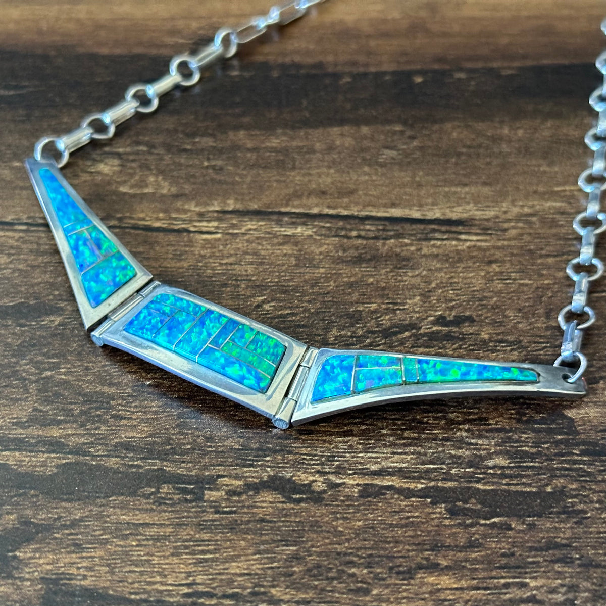 Navajo John Nelson Green Opal Sterling Hinged Inlay Necklace
