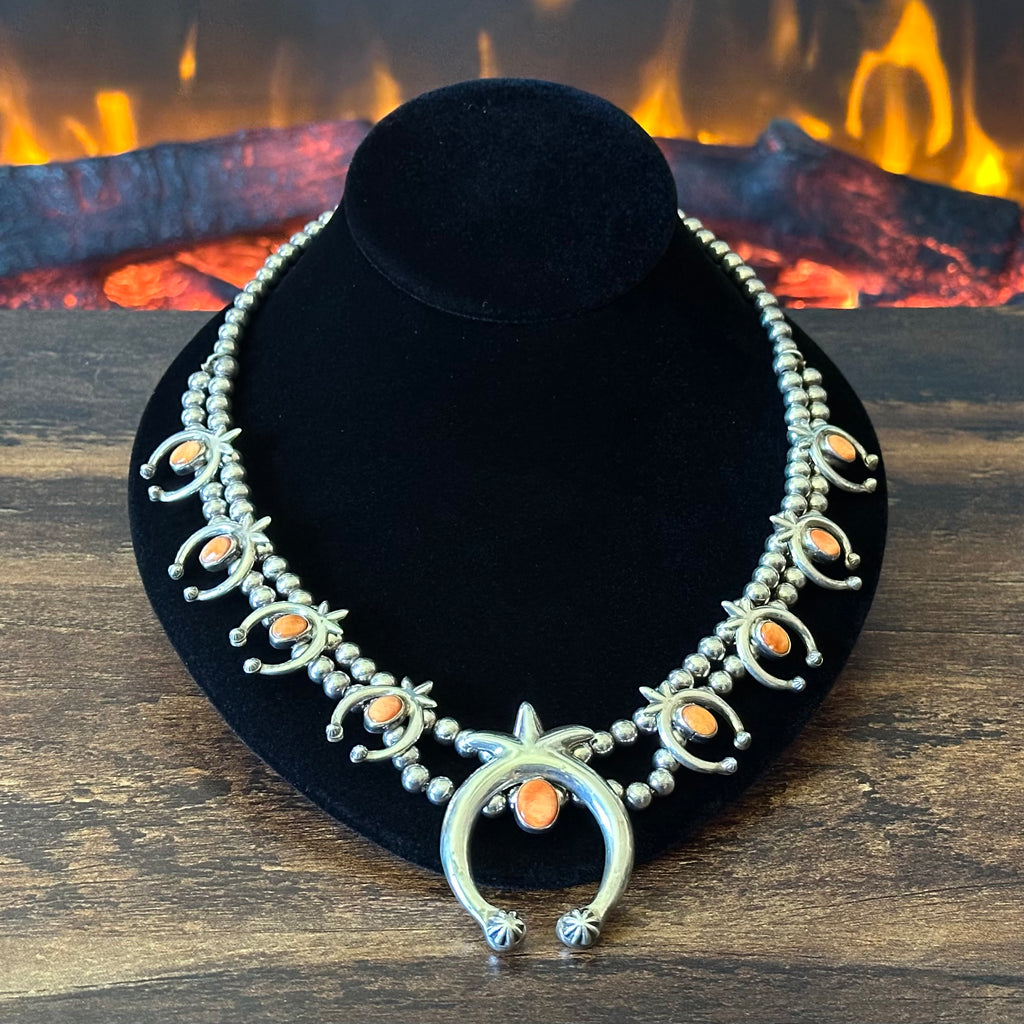 Navajo Steve Francisco Orange Spiny Oyster 9 Stone Sterling Naja Necklace