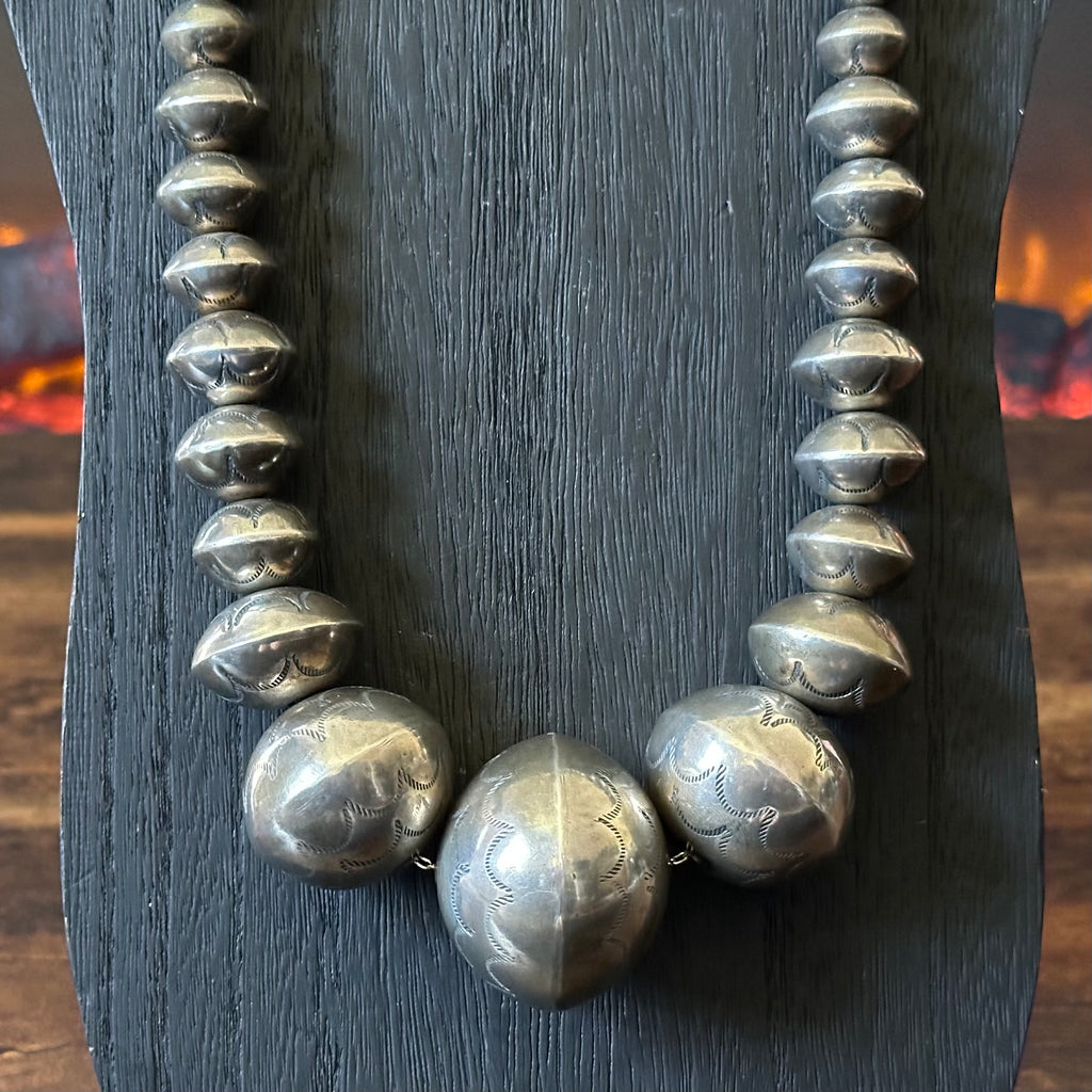 Handmade Graduated Stamped Sterling Pearl Necklace