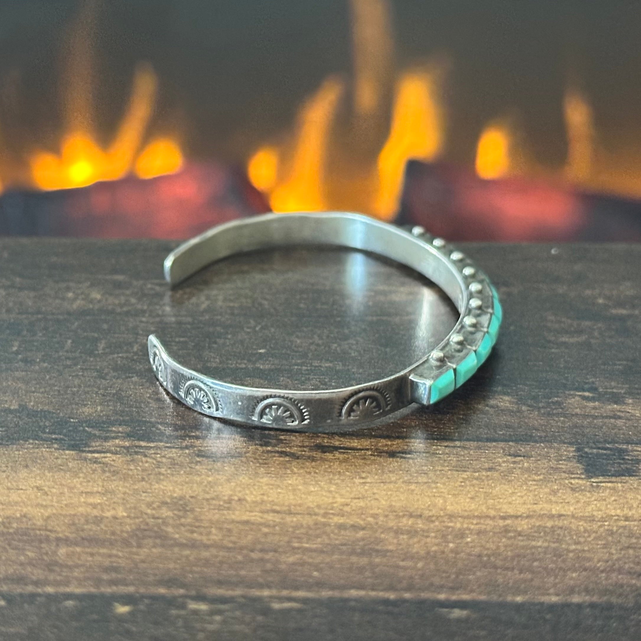 Zuni Ernest & Vivnita Bewanika Turquoise 10 Stone Sterling Hand Stamped Stacker Cuff