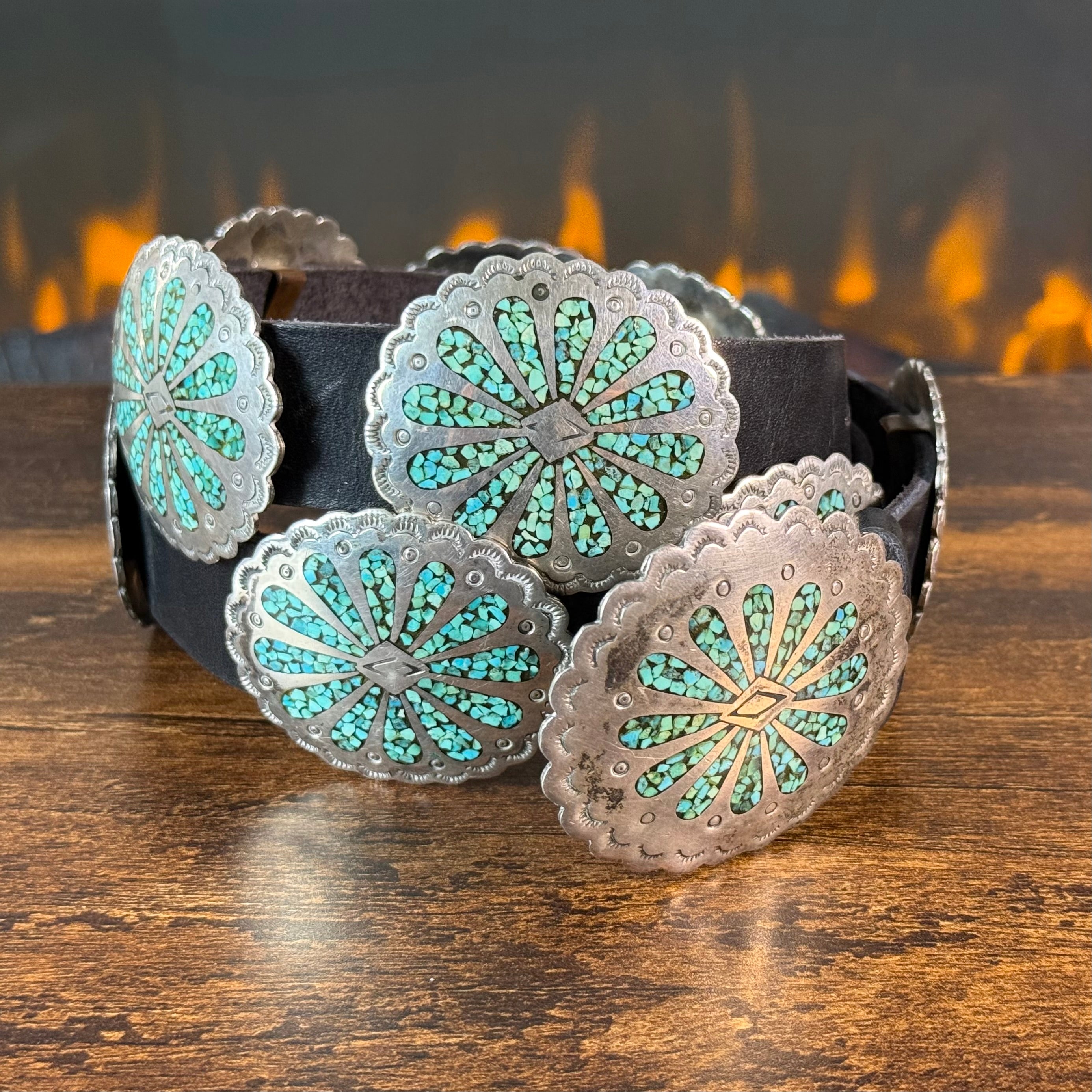 Crushed Turquoise 10 Concho Hand Stamped Floral Belt