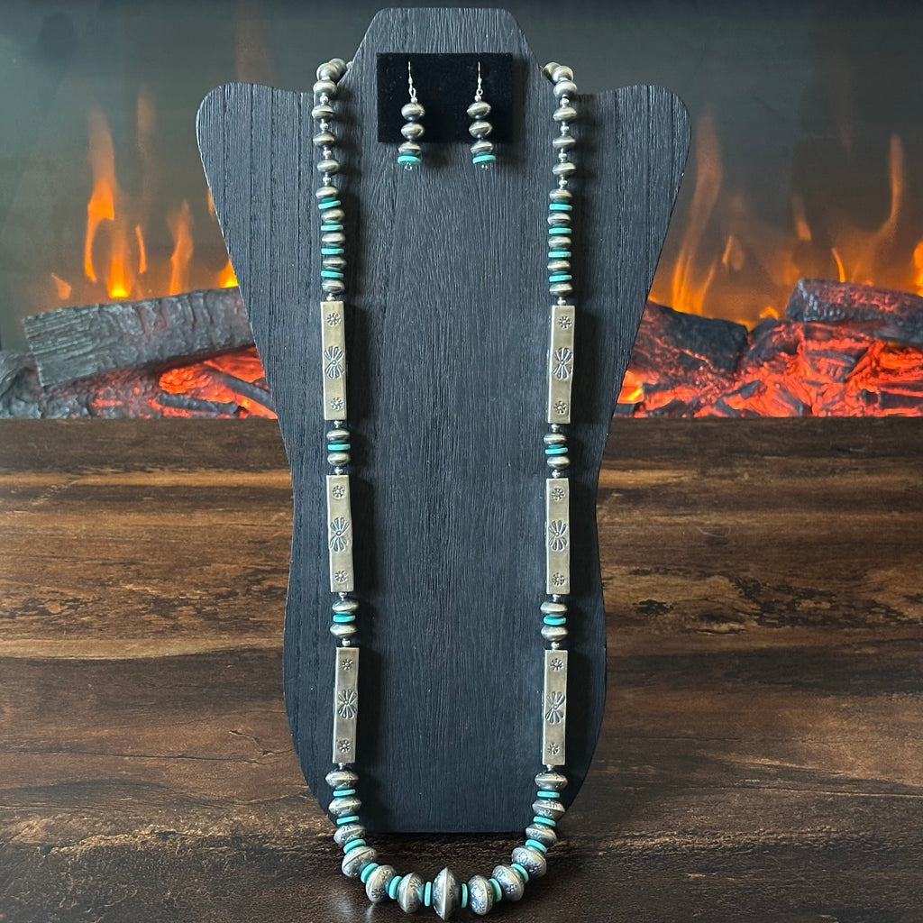 Navajo Tysha Aparicio Turquoise Sterling Handmade Rectangular Bead Stamped Necklace Earrings Set