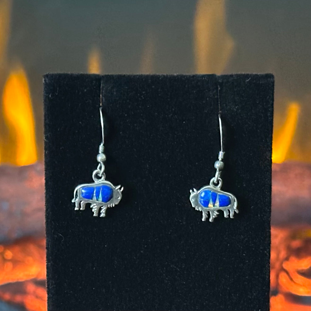 Lapis Opal Sterling Buffalo Inlay Dangle Earrings