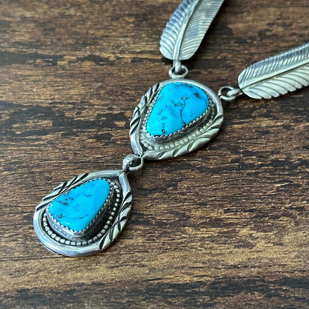 Turquoise Sterling Twist Wire Bezel Feather Statement Necklace