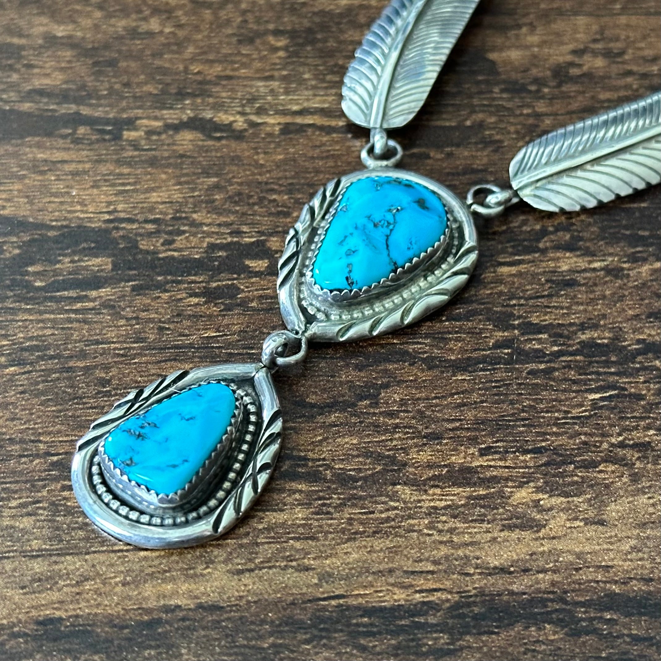 Turquoise Sterling Twist Wire Bezel Feather Statement Necklace