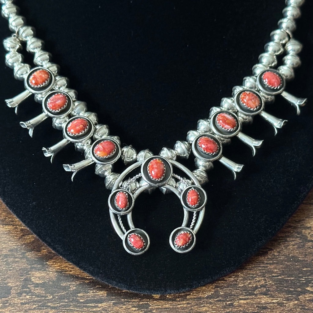 Navajo Phil & Lenora Garcia Red Spiny Oyster 13 Stone Sterling Squash Blossom Earrings Set