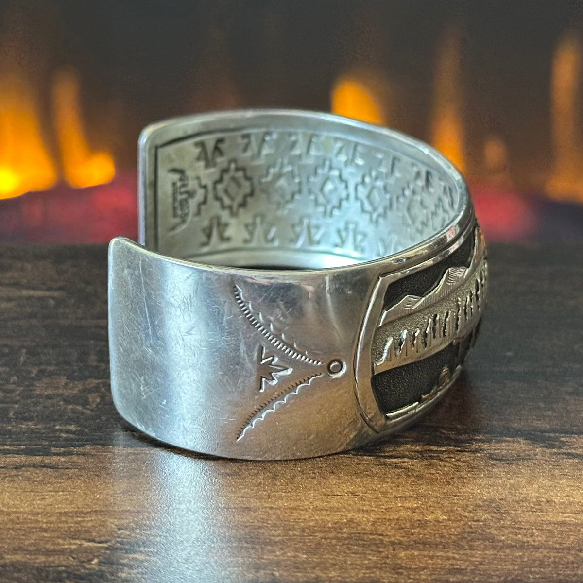 Navajo Delbert Saunders Gold Over Sterling Hand Stamped Horse Storyteller Cuff