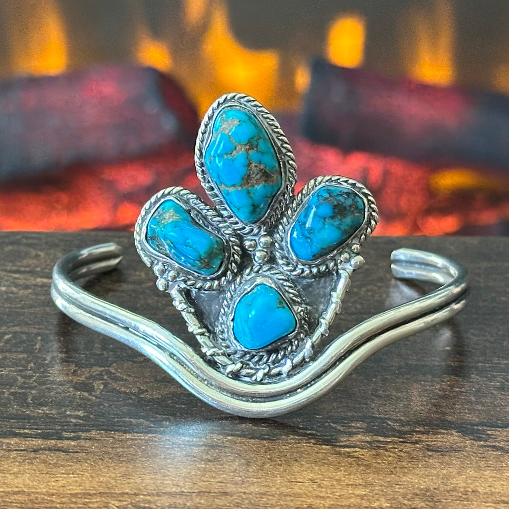 Pictogram Signed 4 Stone Turquoise Sterling Twist Wire Abstract Cuff