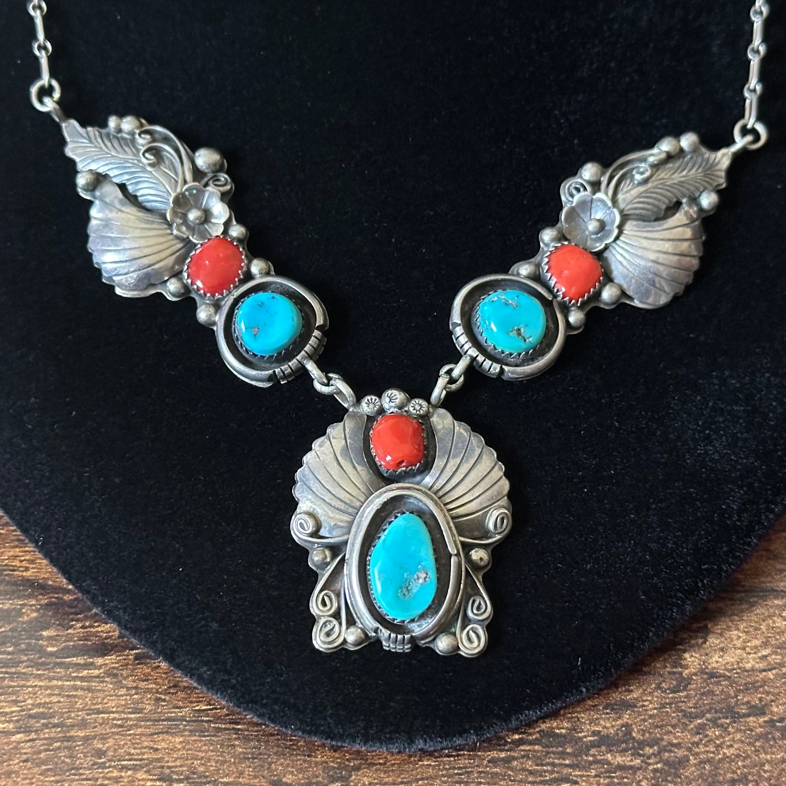 G Signed Turquoise Red Coral 6 Stone Sterling Floral Leaf Ornate Necklace Clip-on Earrings Set