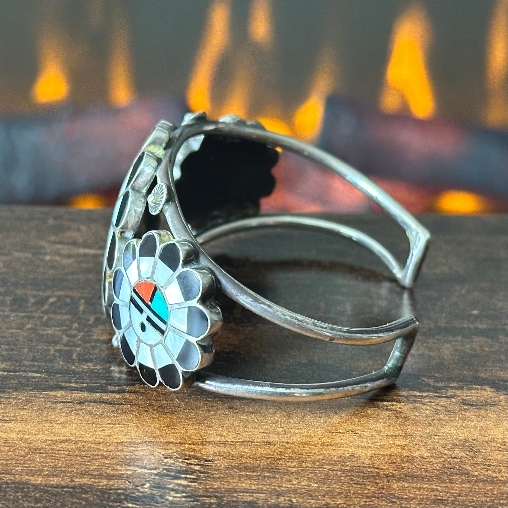 Vintage Zuni Morris Laahte Turquoise Red Coral MOP Jet Sterling Sunface Inlay Cuff