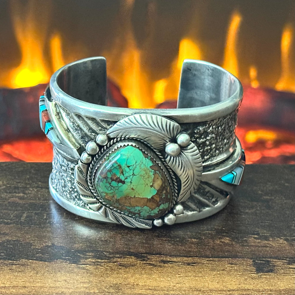 Turquoise Red Coral Mother of Pearl Jet Sterling Hand Stamped Inlay Statement Cuff