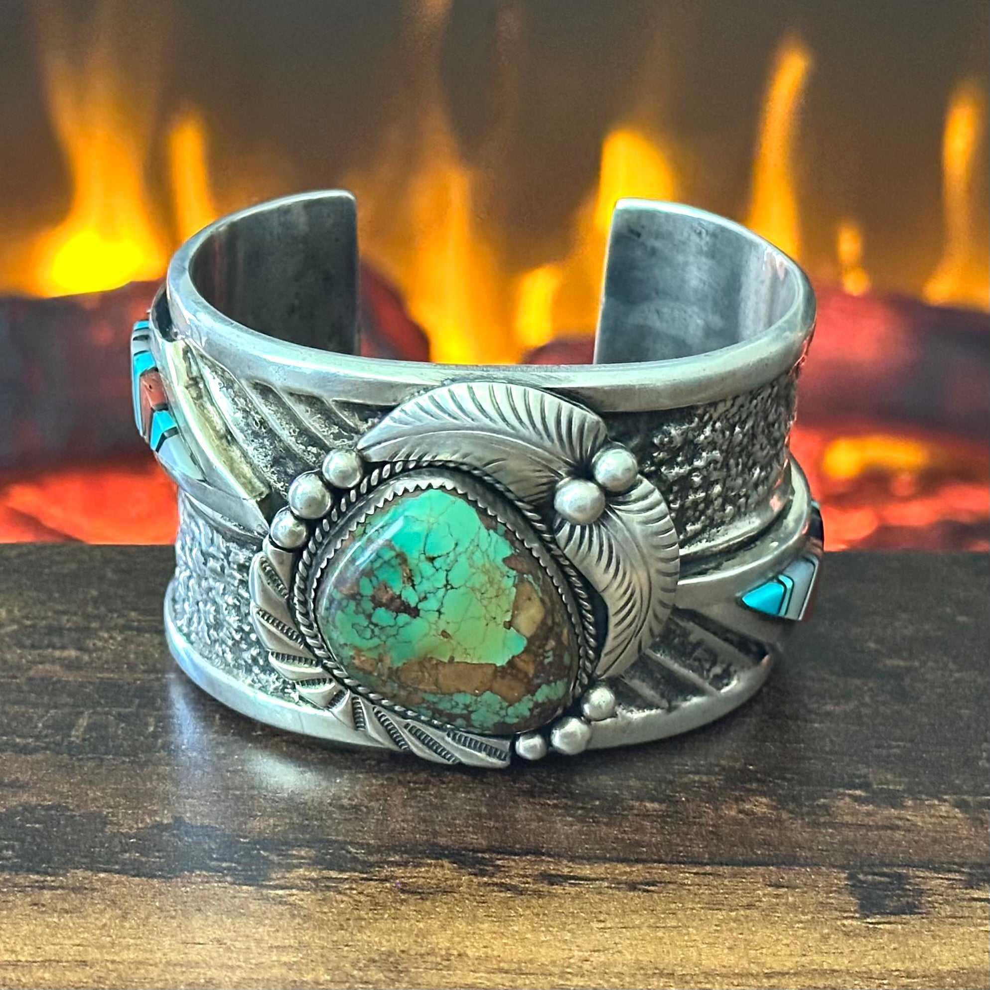 Turquoise Red Coral Mother of Pearl Jet Sterling Hand Stamped Inlay Statement Cuff