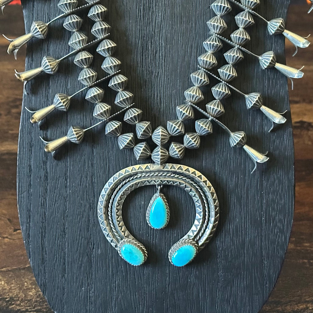 Pictogram Signed Turquoise 3 Stone Sterling Handmade Double Row Fluted Bead Squash Blossom