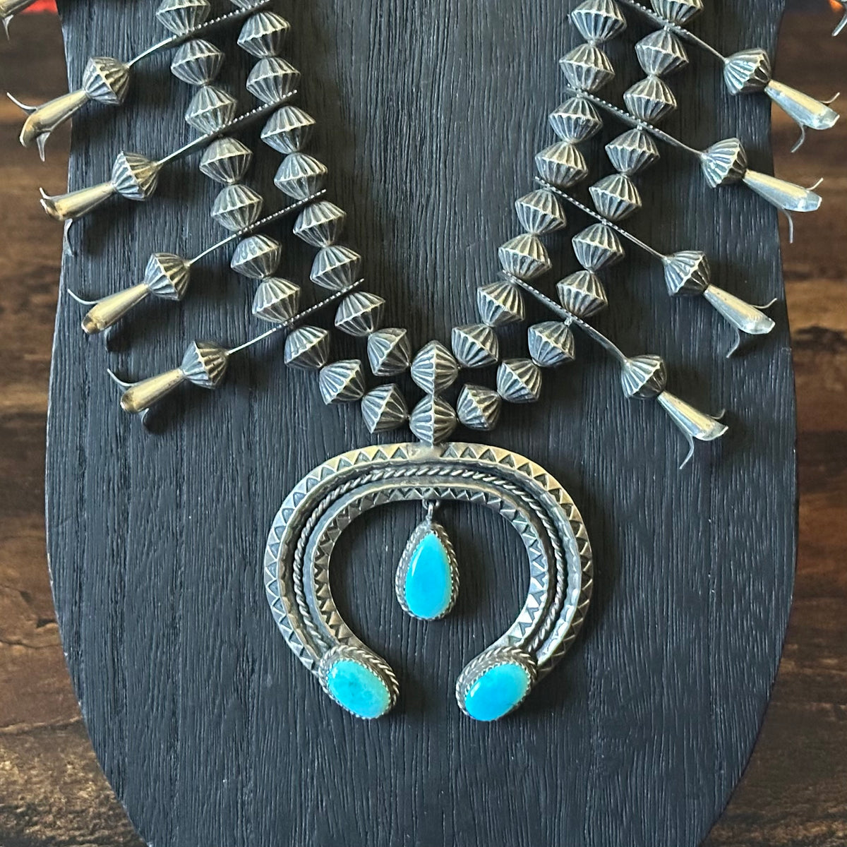 Pictogram Signed Turquoise 3 Stone Sterling Handmade Double Row Fluted Bead Squash Blossom