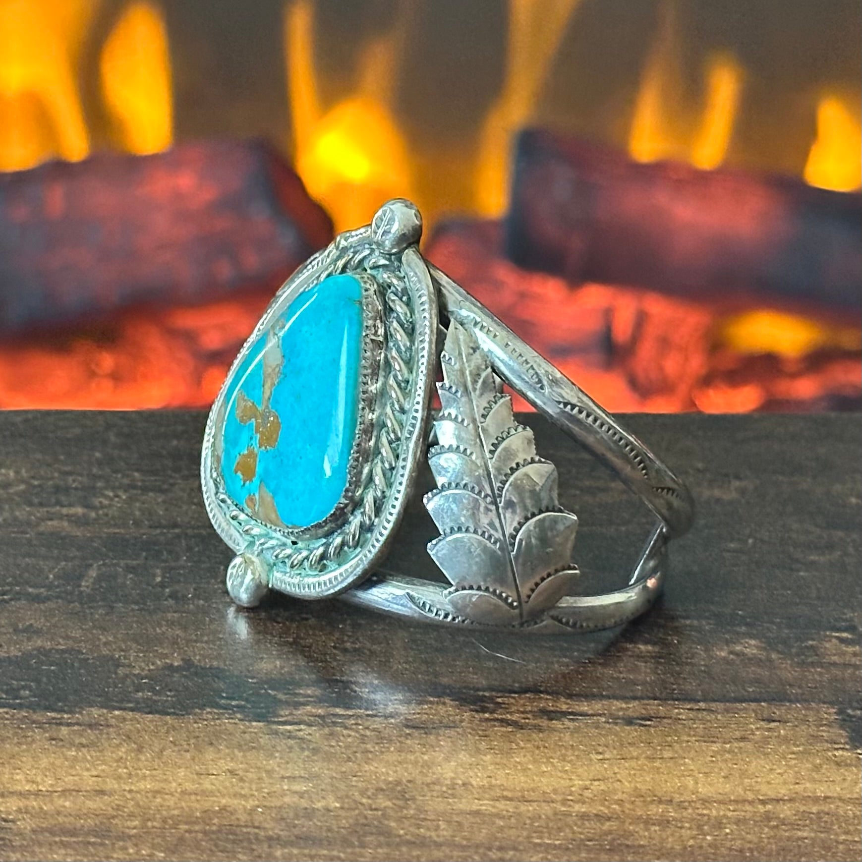 Turquoise Sterling Twist Wire Bezel Hand Stamped Leaf Statement Cuff