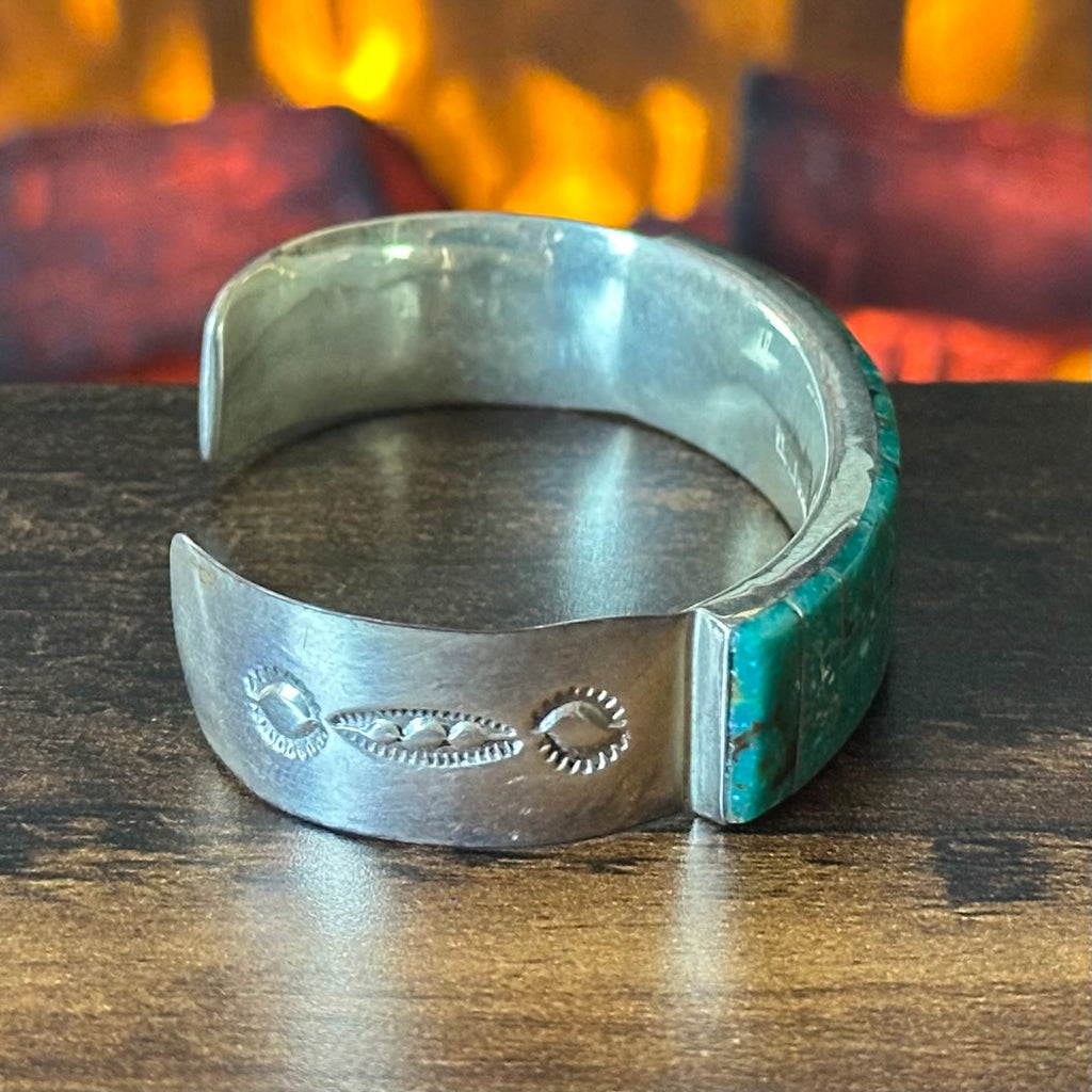Navajo Patrick & Laura Lincoln Turquoise Sterling Hand Stamped Inlay Cuff