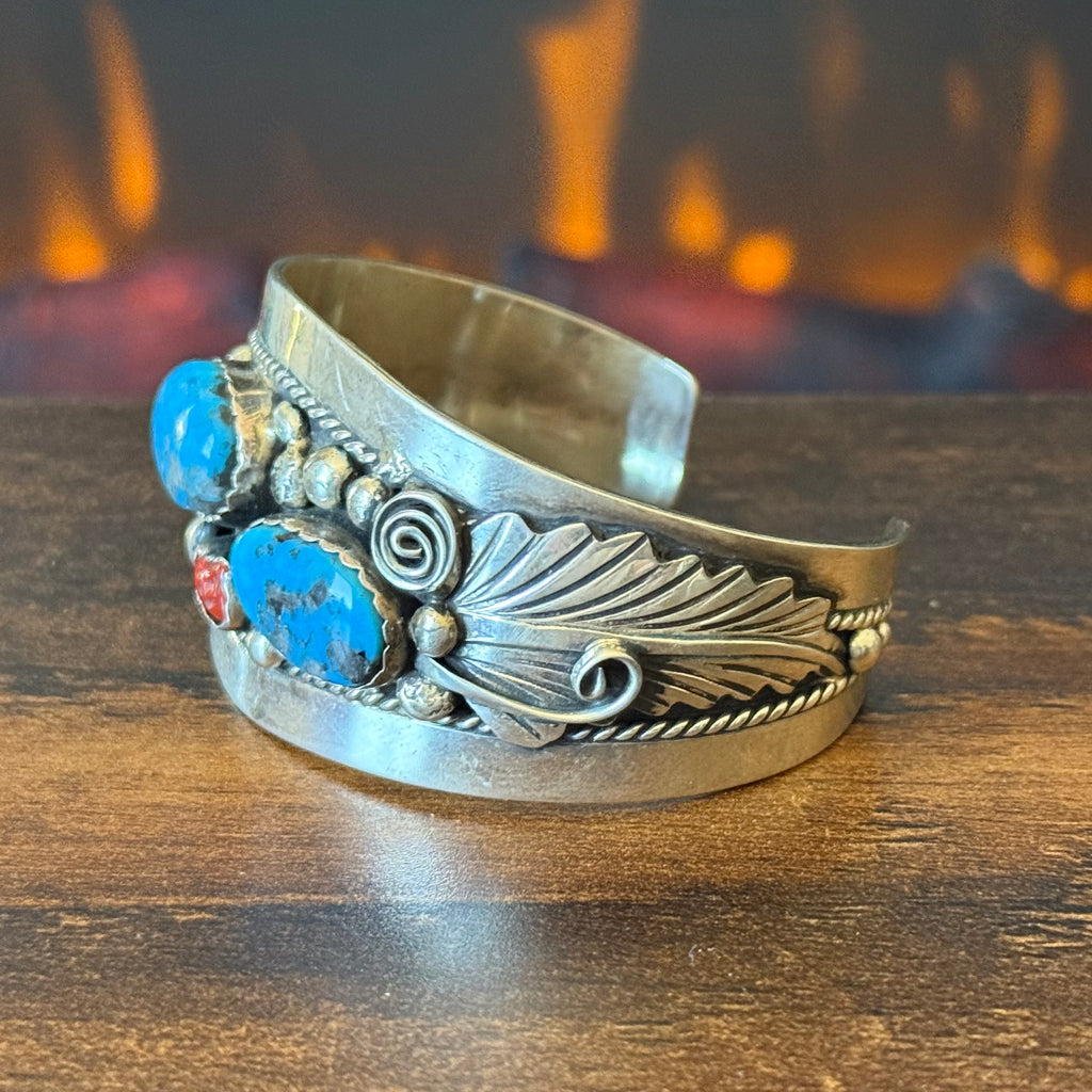 Navajo Wilbur Wauneka Turquoise Red Coral Sterling Ornate Leaf Statement Cuff