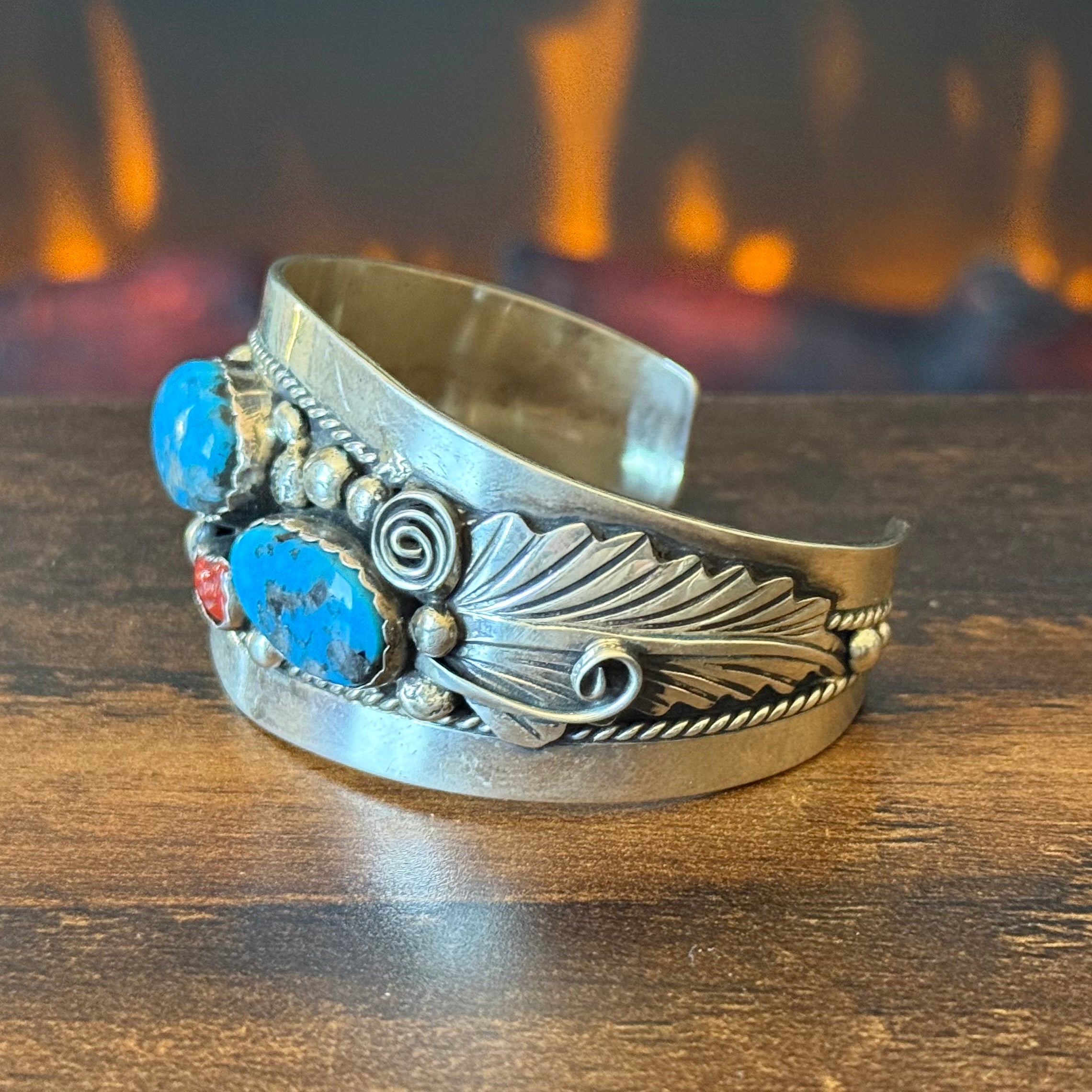 Navajo Wilbur Wauneka Turquoise Red Coral Sterling Ornate Leaf Statement Cuff