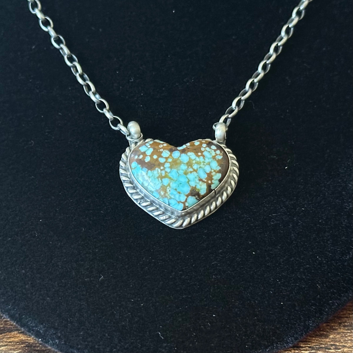 Navajo Donovan Skeets Mine #8 Turquoise Sterling Twist Wire Bezel Heart Pendant Necklace