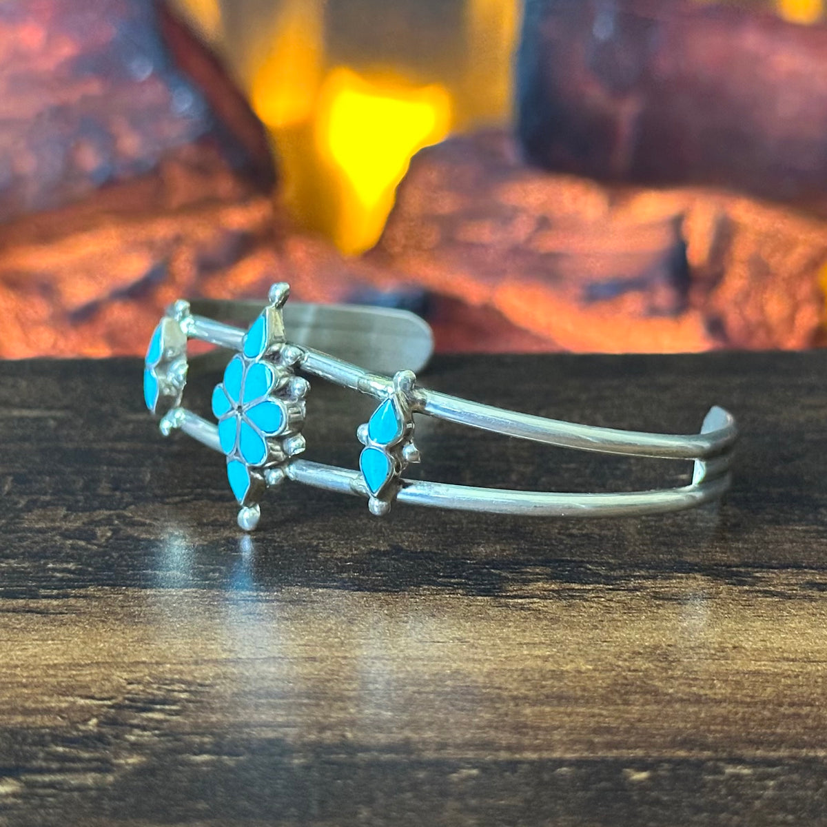 Turquoise Sterling Floral Inlay Raindrop Cuff