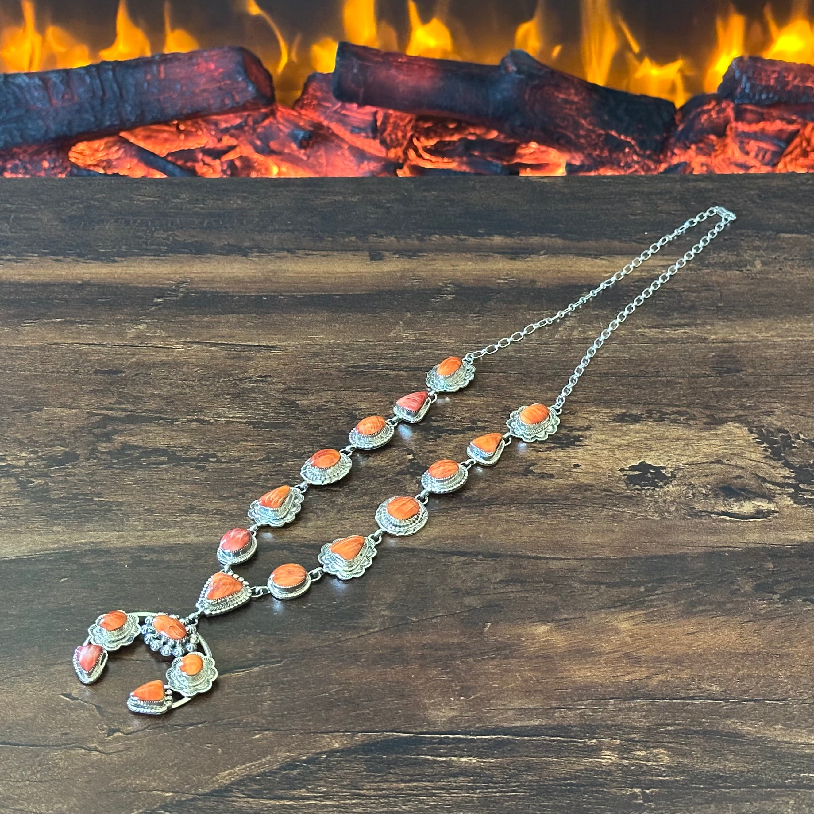 Running Bear Trading Spiny Oyster 18 Stone Sterling Hand Stamped Naja Statement Necklace