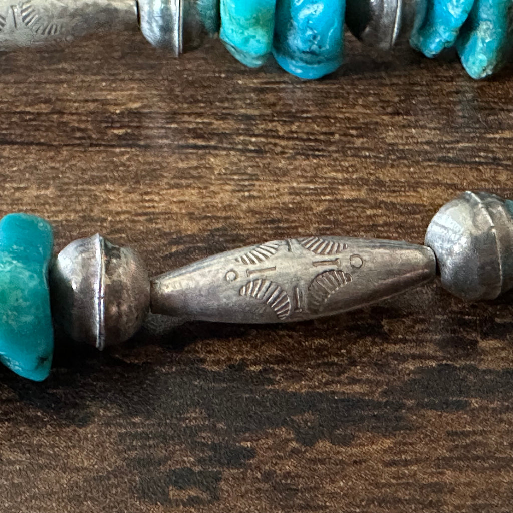 Chunky Turquoise 33 Stone Sterling Bench Stamped Torpedo Bead Necklace