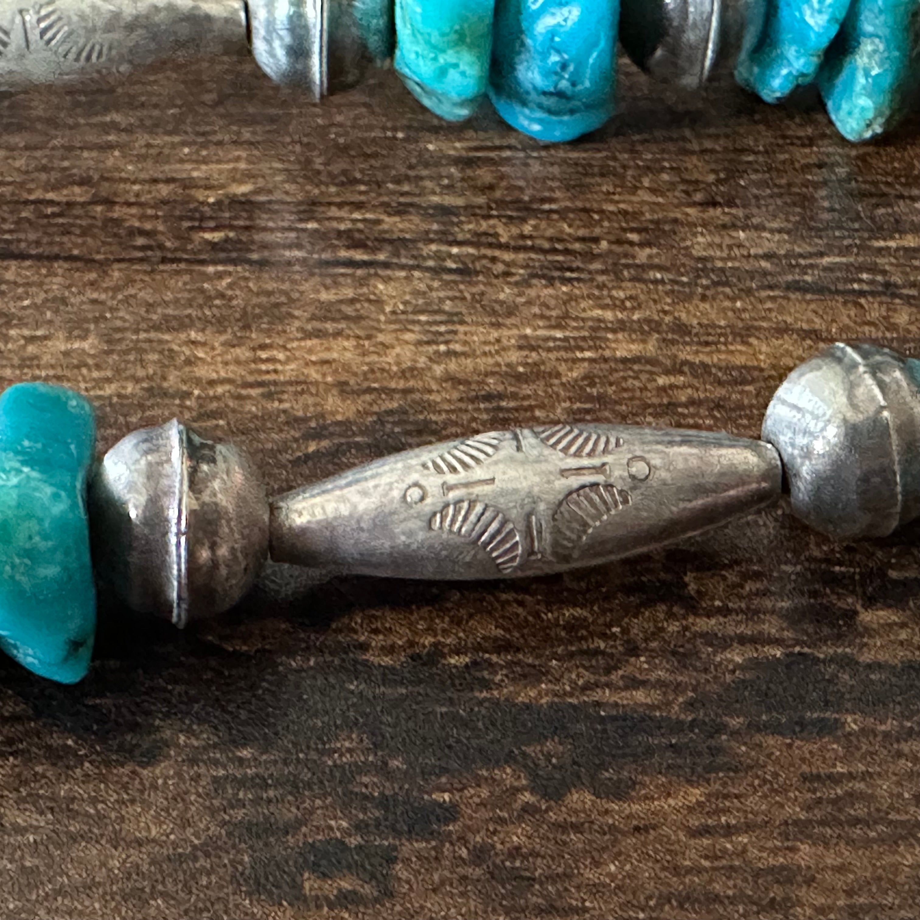 Chunky Turquoise 33 Stone Sterling Bench Stamped Torpedo Bead Necklace