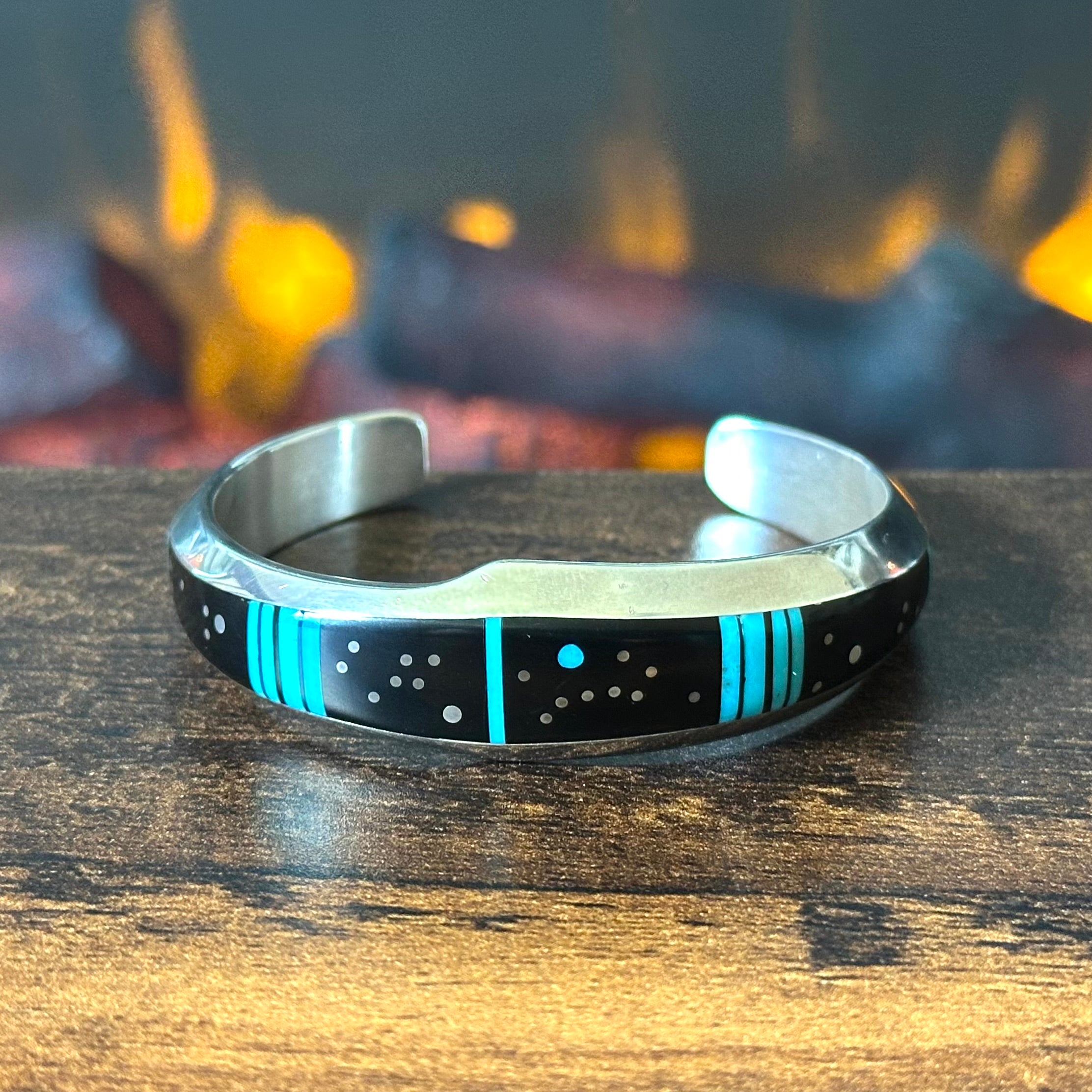Navajo Jim Harrison Turquoise Jet Sterling Starry Night Inlay Cuff