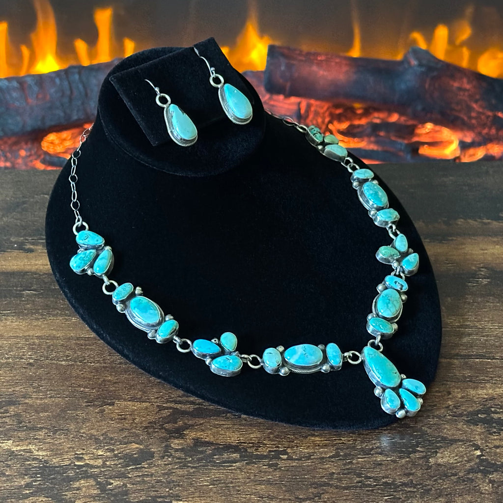 Navajo Kobe Martinez 28 Stone Carico Lake Turquoise Sterling Cluster Lariat Necklace Earrings Set