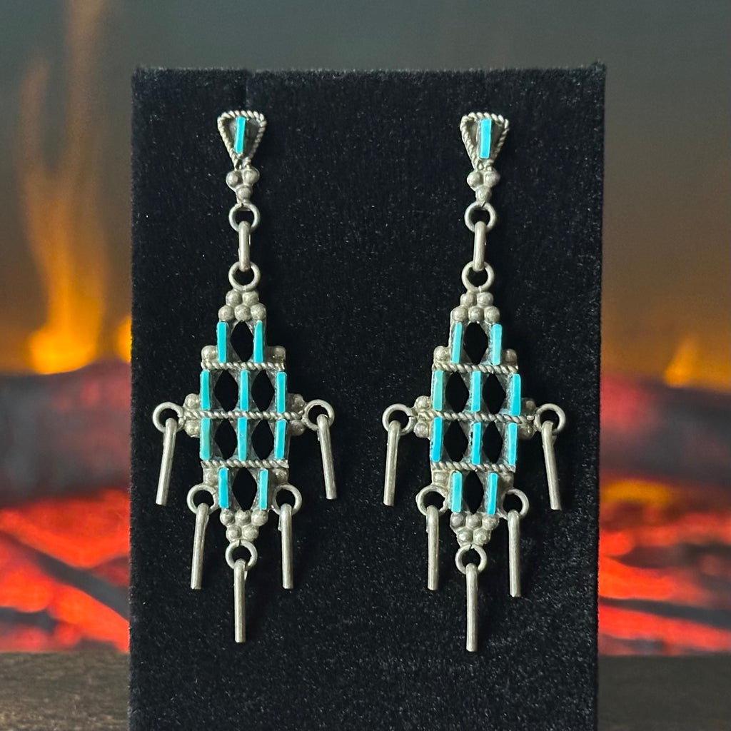 Zuni DB Signed Turquoise 22 Stone Sterling Needlepoint Tassel Dangle Earrings