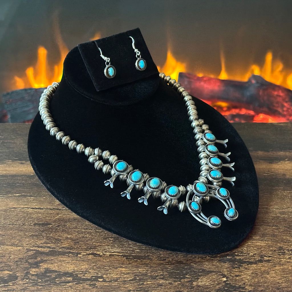 Navajo Phil & Lenora Garcia Sleeping Beauty Turquoise 13 Stone Sterling Oxidized Squash Blossom Earrings Set
