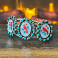 Navajo Antonio Yazzie Turquoise Red Coral Mother of Pearl 36 Stone Sterling Snake Eye Cardinal Inlay Cuff
