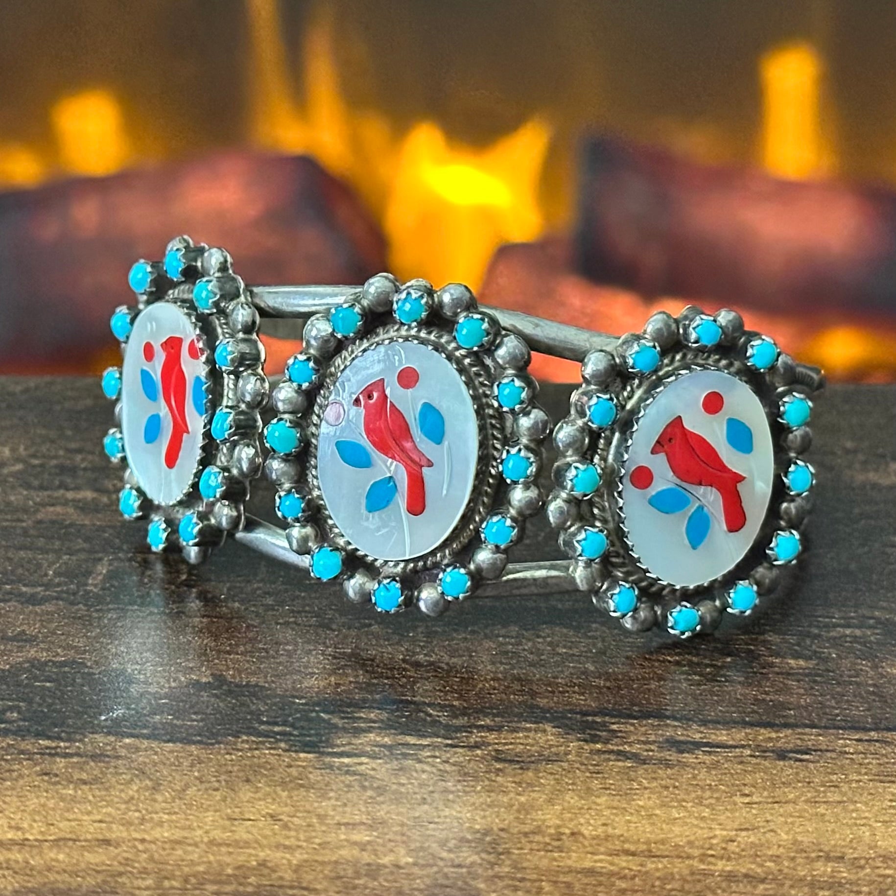 Navajo Antonio Yazzie Turquoise Red Coral Mother of Pearl 36 Stone Sterling Snake Eye Cardinal Inlay Cuff