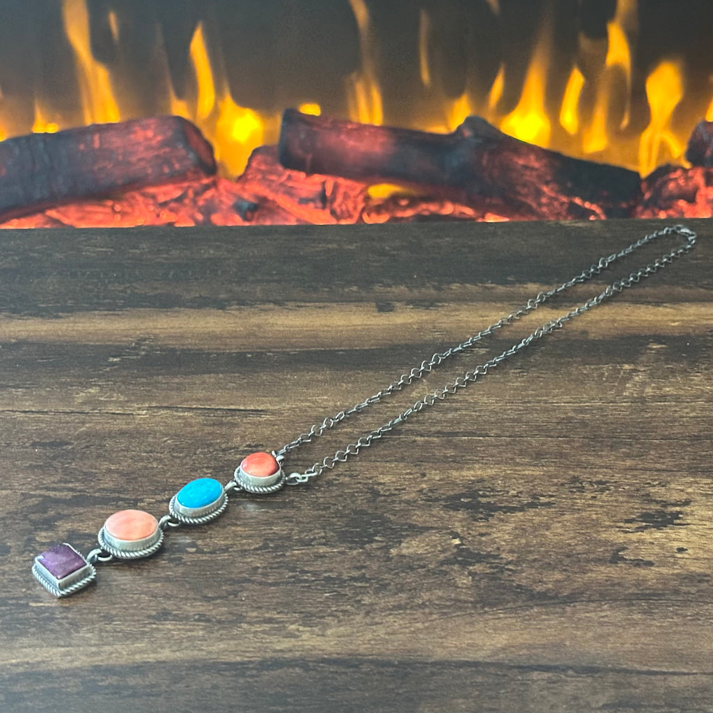 Navajo Hiram Largo Turquoise Spiny Oyster 4 Stone Sterling Lariat Necklace