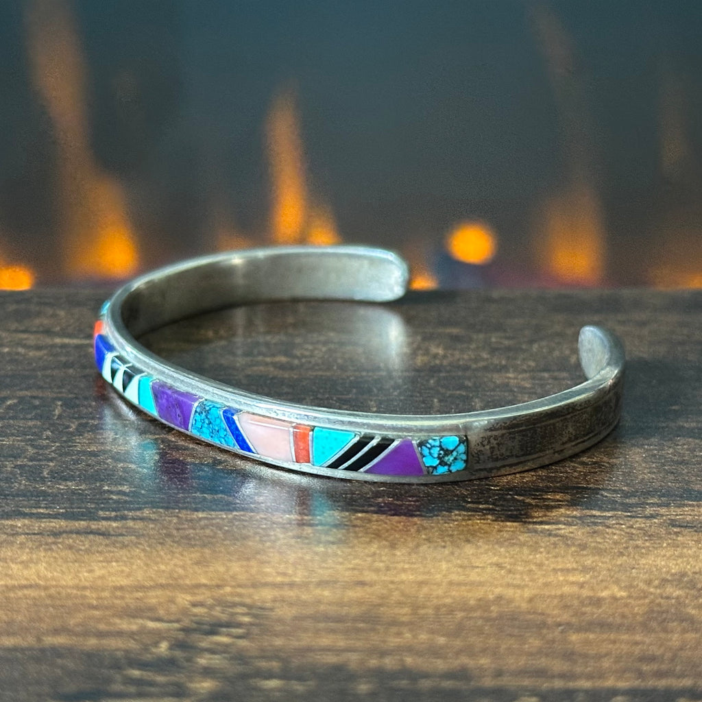Signed Turquoise Charoite Red Coral Lapis Pink Conch Onyx Sterling Inlay Stacker Cuff