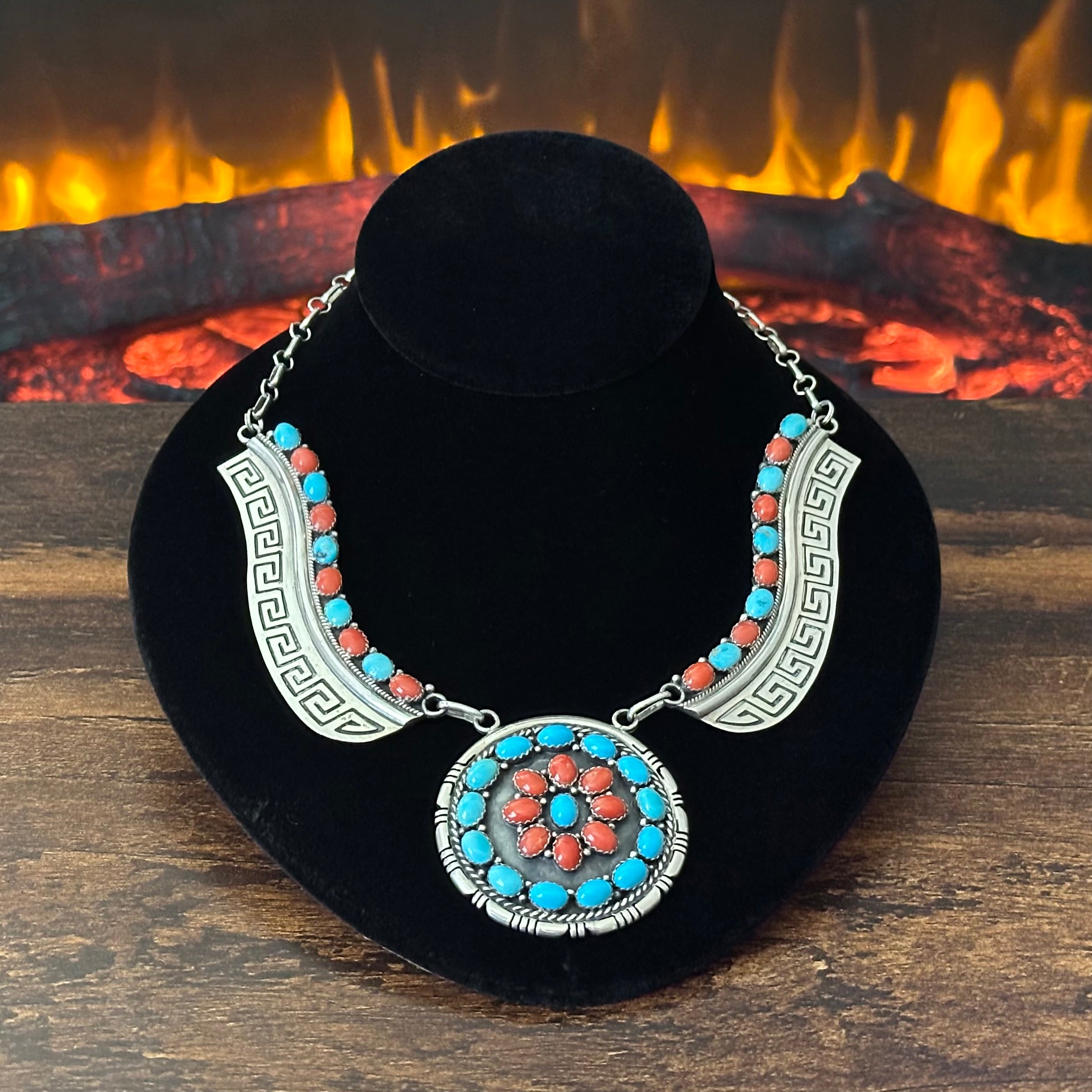 Navajo E. Etsitty Turquoise Red Coral 42 Stone Sterling Floral Cluster Statement Necklace