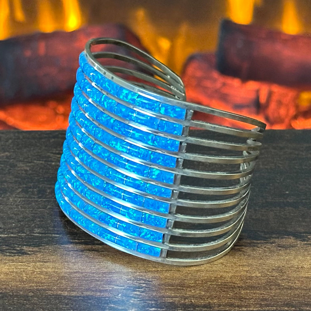 Zuni Anson & Leticia Wallace Blue Opal 80 Stone Sterling Inlay Statement Cuff