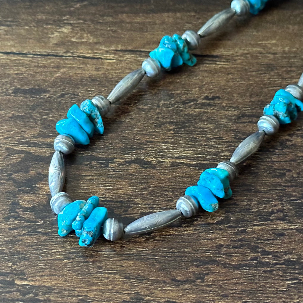 Chunky Turquoise 33 Stone Sterling Bench Stamped Torpedo Bead Necklace