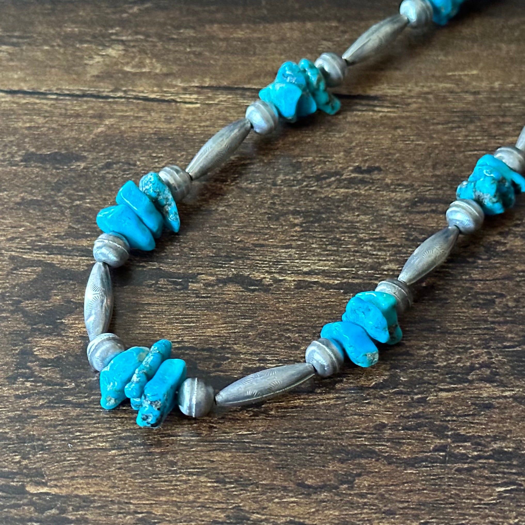 Chunky Turquoise 33 Stone Sterling Bench Stamped Torpedo Bead Necklace