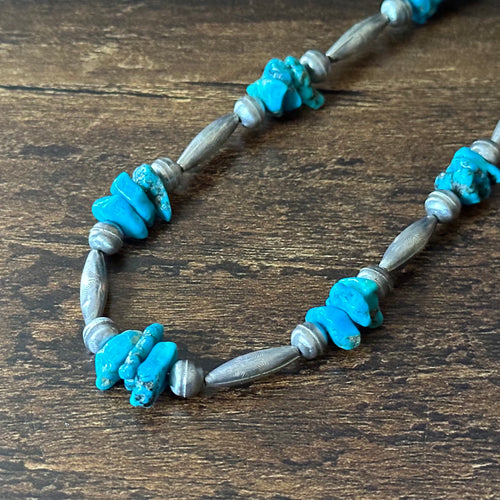 Chunky Turquoise 33 Stone Sterling Bench Stamped Torpedo Bead Necklace