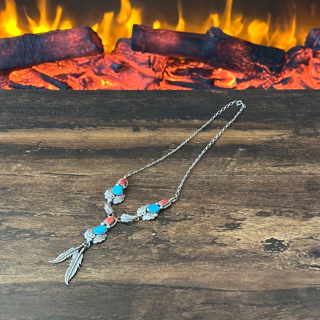 R. Wylie Signed Turquoise Red Coral 6 Stone Sterling Feather Necklace