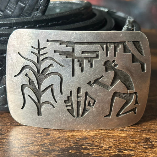 M Signed Sterling Overlay Storyteller Corn Leather Belt