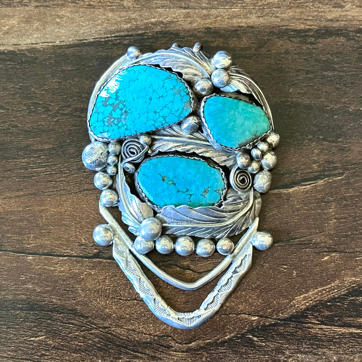 Heavy R Signed Turquoise 3 Stone Sterling Hand Stamped Raindrop Leaf Statement Pendant