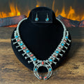 Navajo Phil & Lenora Garcia Turquoise Red Coral 19 Stone Sterling Squash Blossom Earrings Set